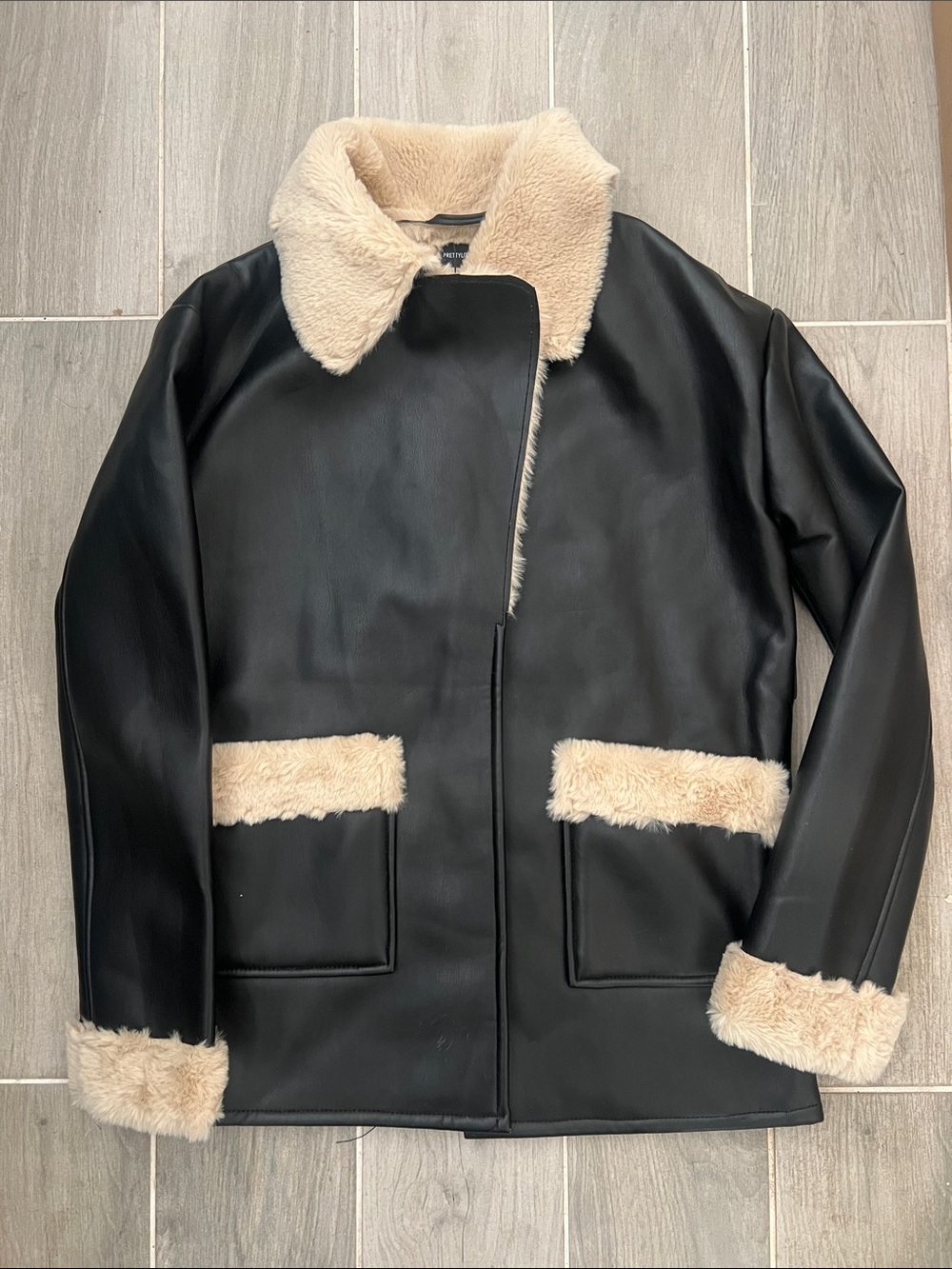 Black Faux Leather Shearling Trim Jacket - Cream Collar & Cuffs
